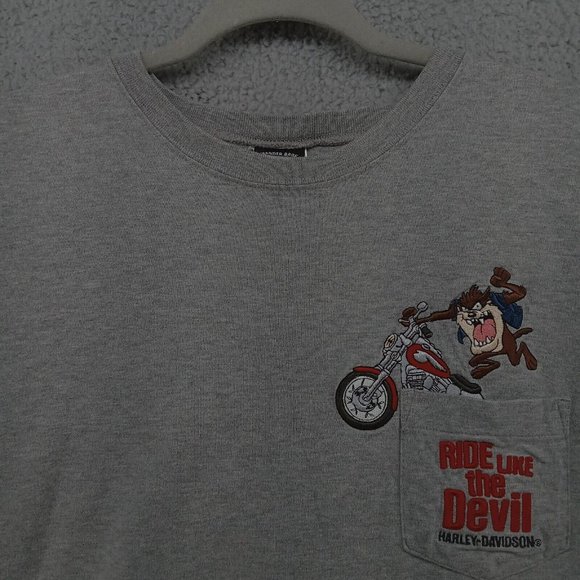 Warner‎ Brothers Harley Davidson Shirt Mens Gray Tasmanian Ride Like Devil Y2K - Picture 2 of 11
